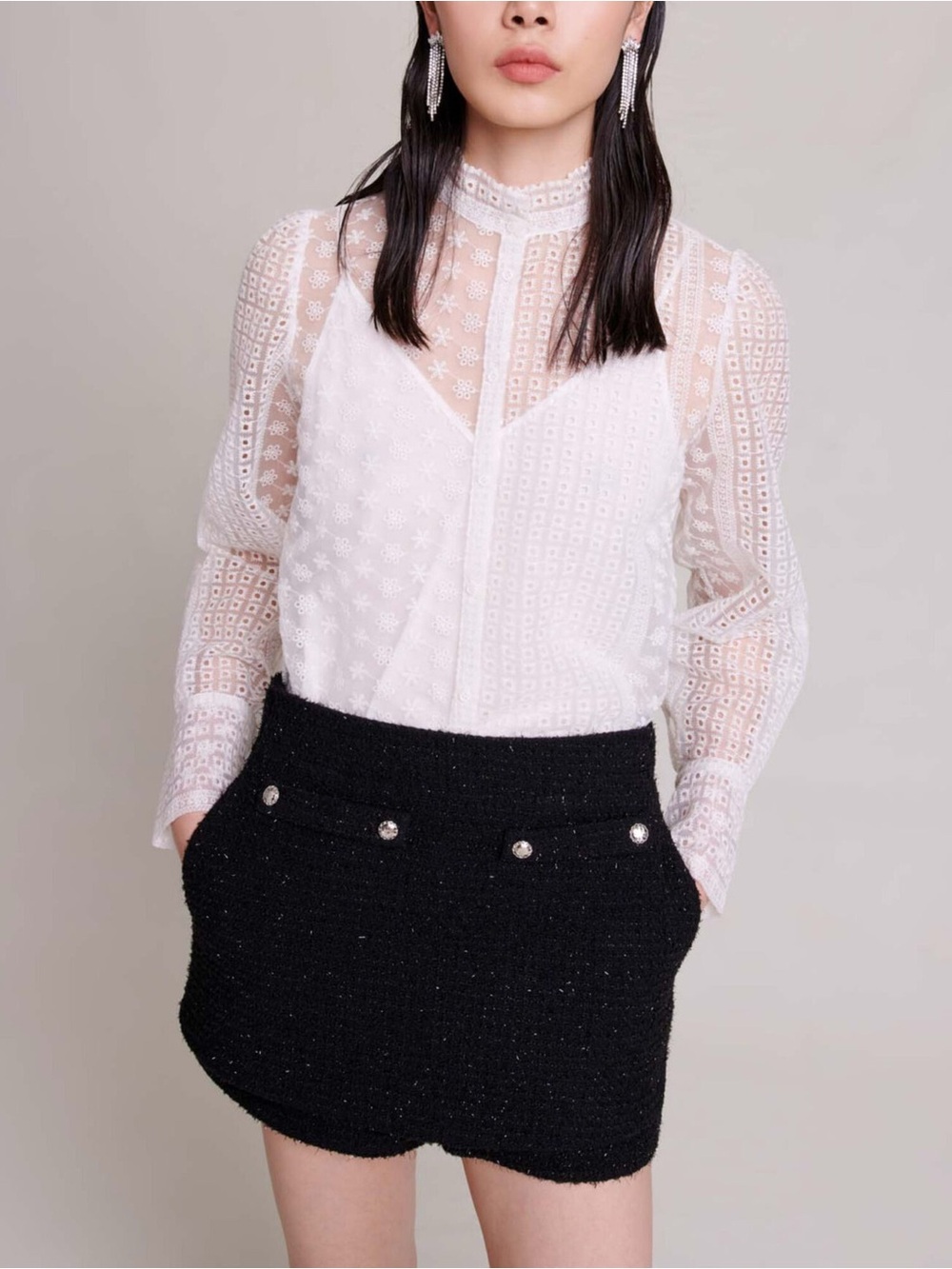 MAJE Sheer Floral Embroidered Long Sleeve Button Top